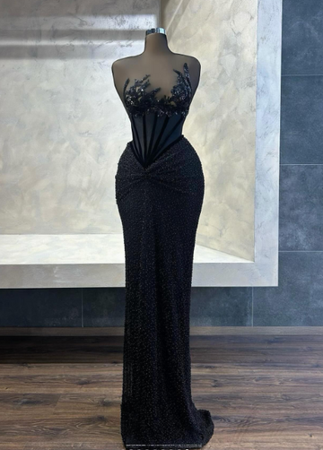 Niulatu Strapless Sheath Long Prom Dresses Tulle BeadedBlack New Year Evening Dresses HZ1026